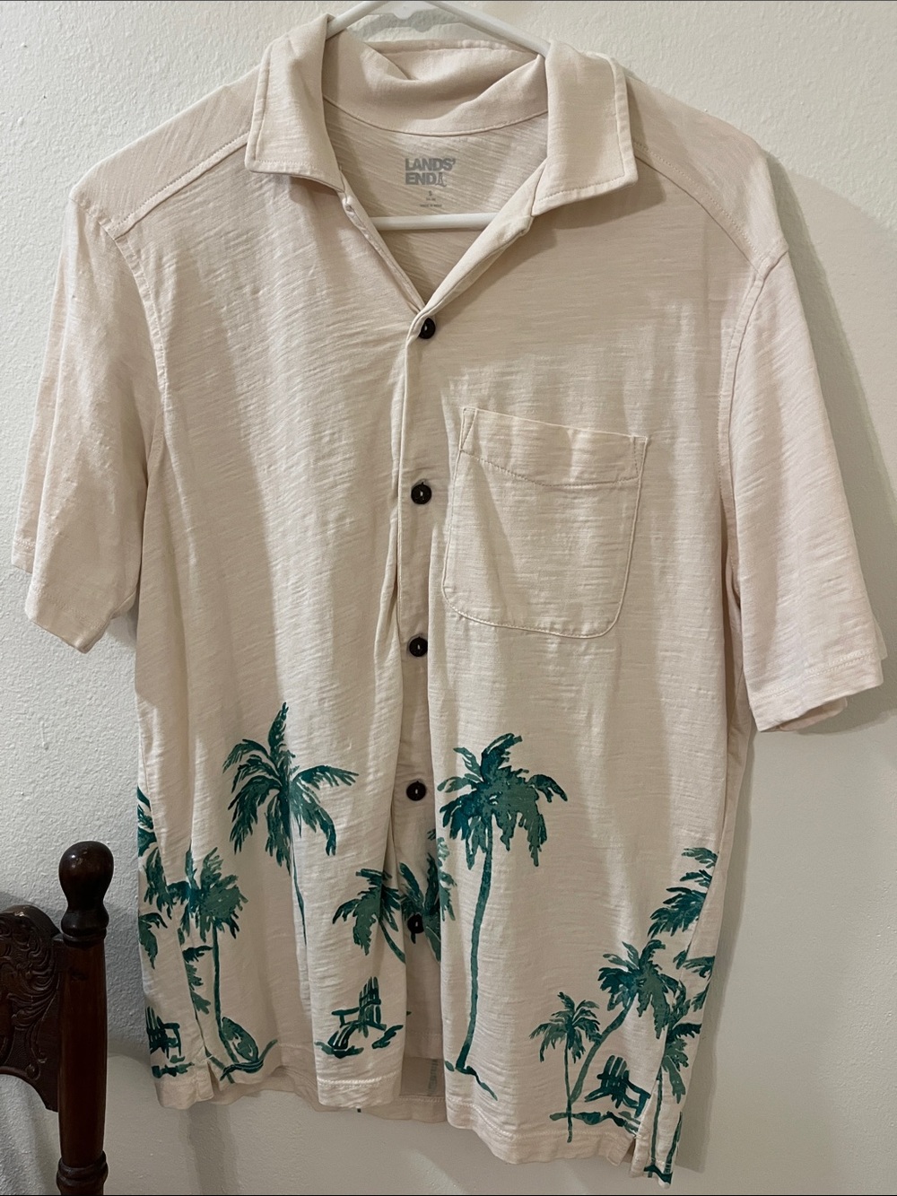Lands' End Beige Short-Sleeve Palm-Print Camp Shirt NWOT